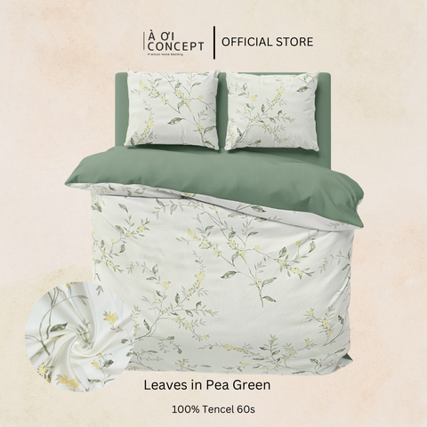  Bộ chăn ga gối Tencel hoạ tiết | 5 món | 160x200cm, 180x200cm, 200x220cm | Leaves in Pea Green | Mát lạnh, Mềm mịn, Trơn mướt | CGTC0024 | À Ơi Concept 