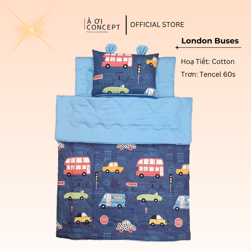 Bộ chăn gối nệm cho bé ( Mền lớn) Tencel 60s, Họa tiết Cotton [ ML London Buses] À ƠI CONCEPT CGCB0066