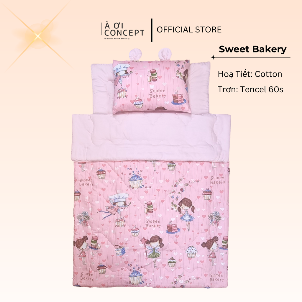 Bộ chăn gối nệm cho bé ( Mền lớn) Tencel 60s, Họa tiết Cotton [ ML Sweet Bakery] À ƠI CONCEPT CGCB0068