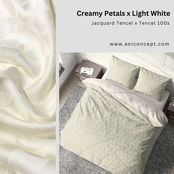 Bộ chăn ga gối | Tencel dệt kim | 5 món | 160x200cm, 180x200cm, 200x220cm | Cream Petals x Light White | Mềm mại, Kháng khuẩn, Thấm hút | CGDK0008 | À Ơi Concept 