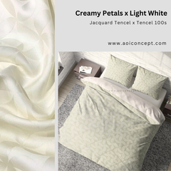  Bộ chăn ga gối | Tencel dệt kim | 5 món | 160x200cm, 180x200cm, 200x220cm | Cream Petals x Light White | Mềm mại, Kháng khuẩn, Thấm hút | CGDK0008 | À Ơi Concept 