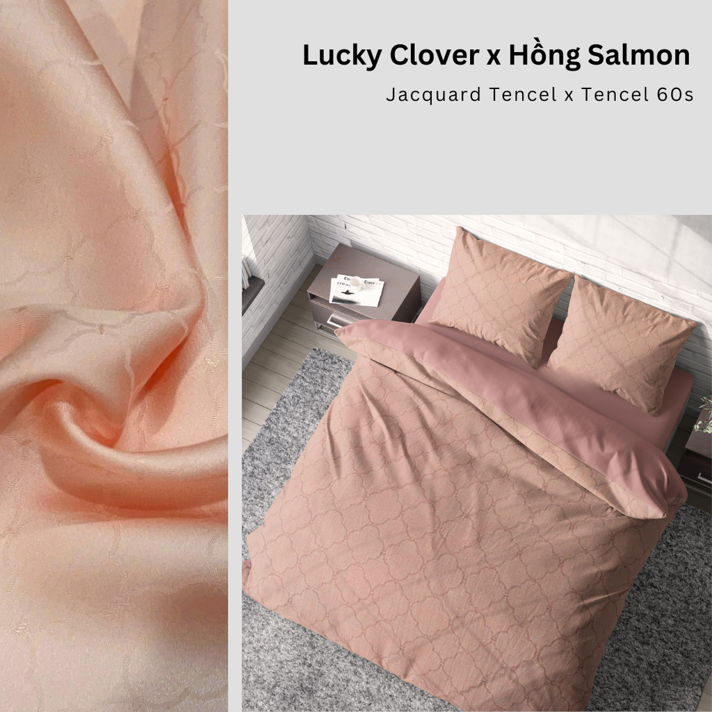 Bộ chăn ga gối | Tencel dệt kim | 5 món | 160x200cm, 180x200cm, 200x220cm | Lucky Clover x Hồng Salmon | Mềm mại, Kháng khuẩn, Thấm hút | CGDK0015 | À Ơi Concept