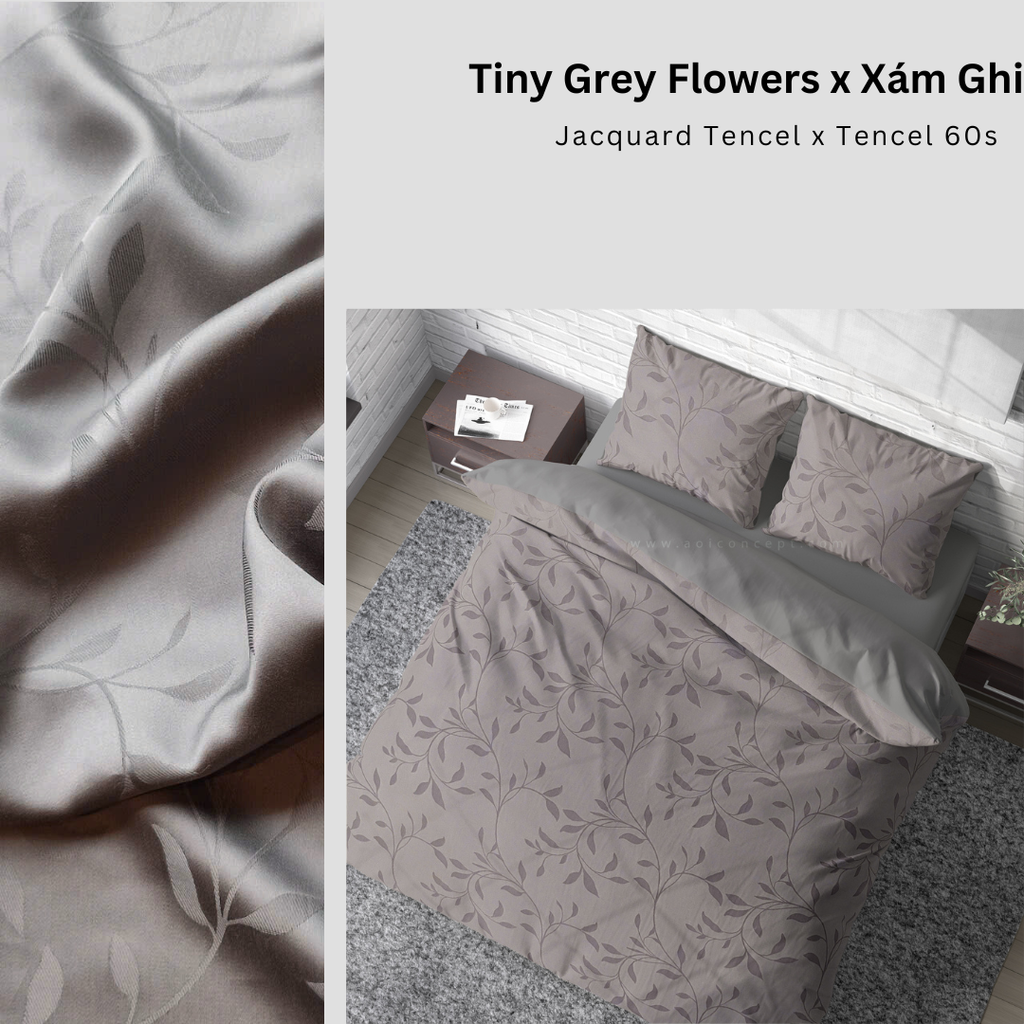 Bộ chăn ga gối | Tencel dệt kim | 5 món | 160x200cm, 180x200cm, 200x220cm | Tiny Grey Flower x Xám Ghi | Mềm mại, Kháng khuẩn, Thấm hút | CGDK0022 | À Ơi Concept