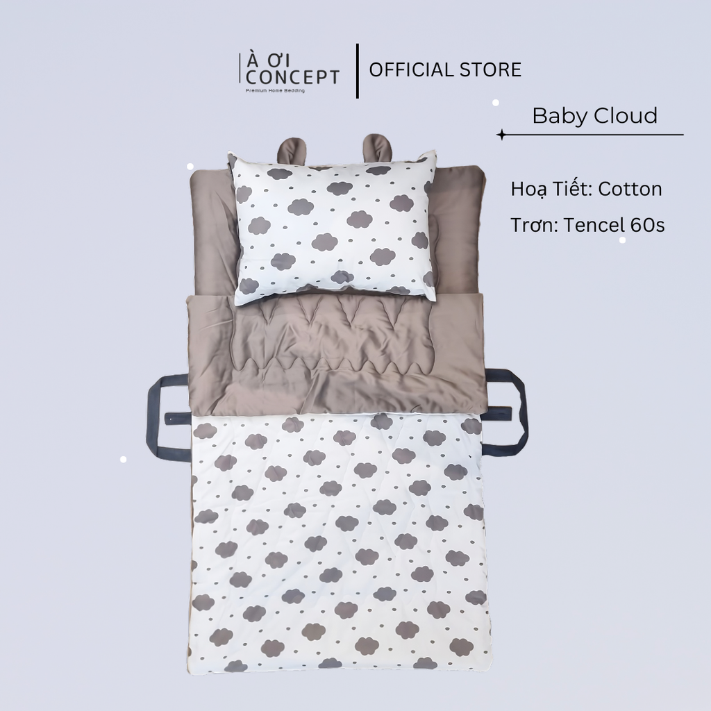 Bộ chăn gối nệm cho bé Tencel 60s, Họa tiết Cotton [ Baby Cloud] À ƠI CONCEPT CGCB0018
