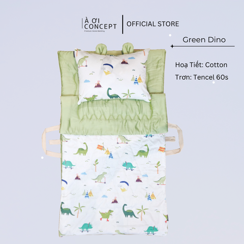  Bộ chăn gối nệm cho bé Tencel 60s, Họa tiết Cotton [ Green Dino] 