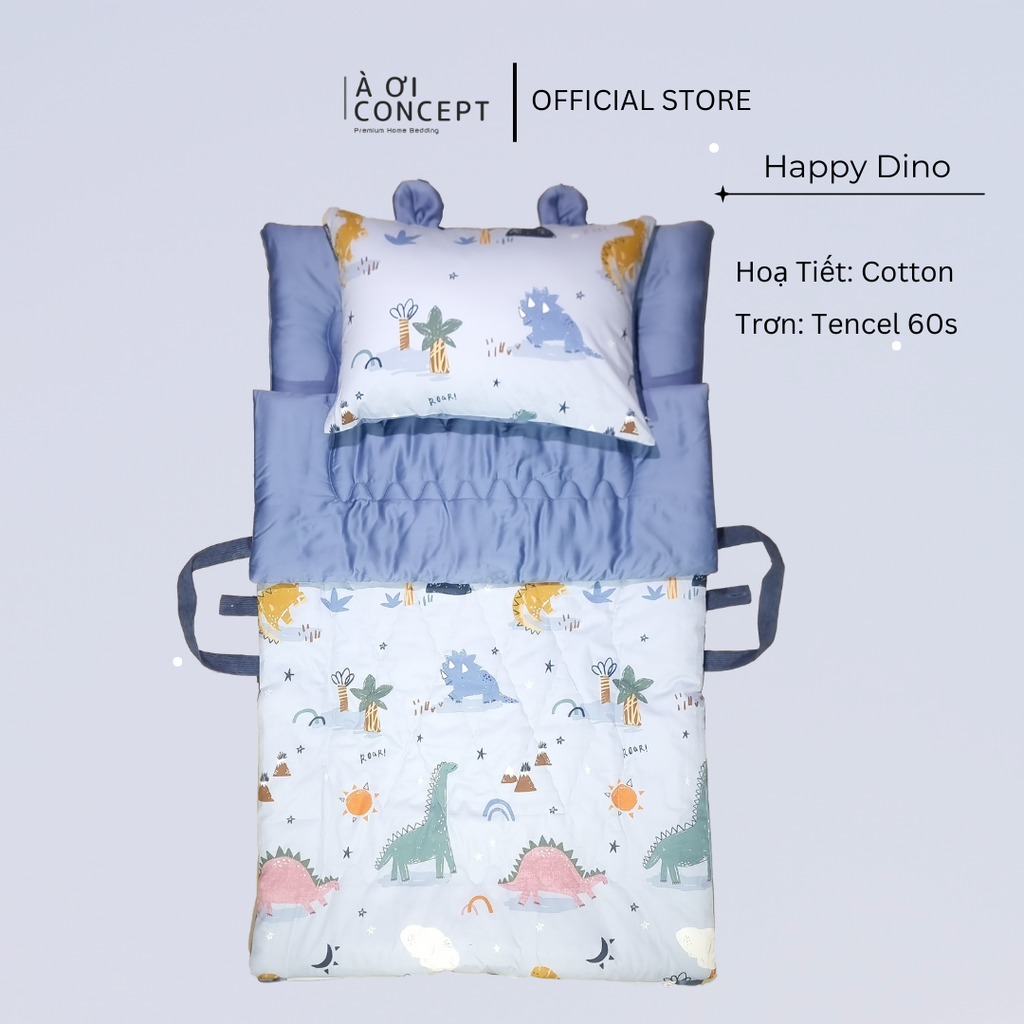 Bộ chăn gối nệm cho bé Tencel 60s, Họa tiết Cotton [ Happy Dino]