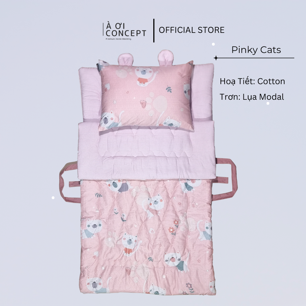 Bộ chăn gối nệm cho bé Tencel 60s, Họa tiết Cotton [ Pinky Cats] À ƠI CONCEPT CGCB0050