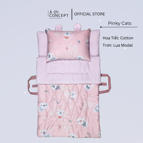  Bộ chăn gối nệm cho bé Tencel 60s, Họa tiết Cotton [ Pinky Cats] 