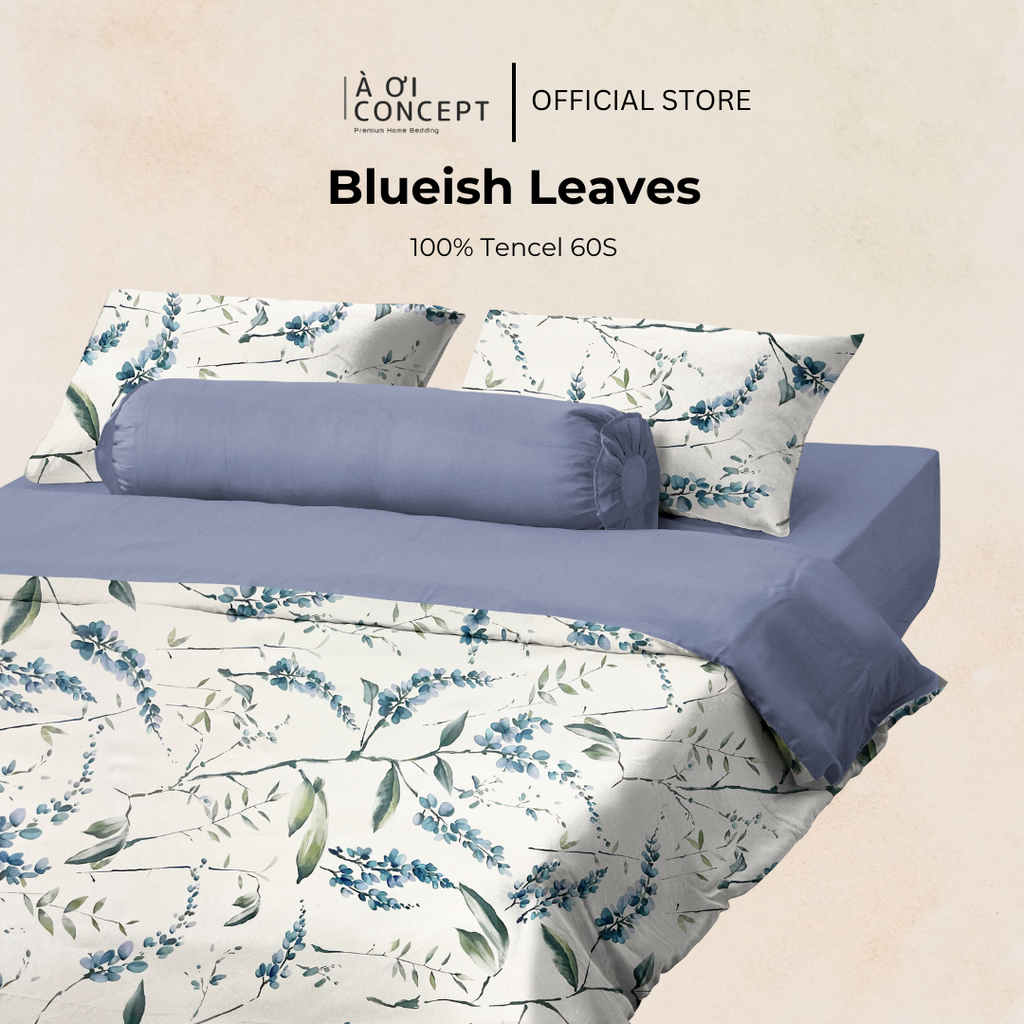 Bộ chăn ga gối Tencel hoạ tiết | 5 món | 160x200cm, 180x200cm, 200x220cm | Blueish Leaves | Mát lạnh, Mềm mịn, Trơn mướt | CGTC0007 | À Ơi Concept