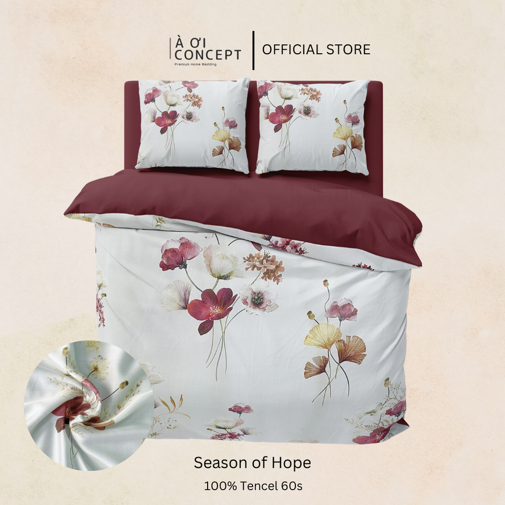 Bộ chăn ga gối Tencel hoạ tiết | 5 món | 160x200cm, 180x200cm, 200x220cm | Season of Hope | Mát lạnh, Mềm mịn, Trơn mướt | CGTC0033 | À Ơi Concept