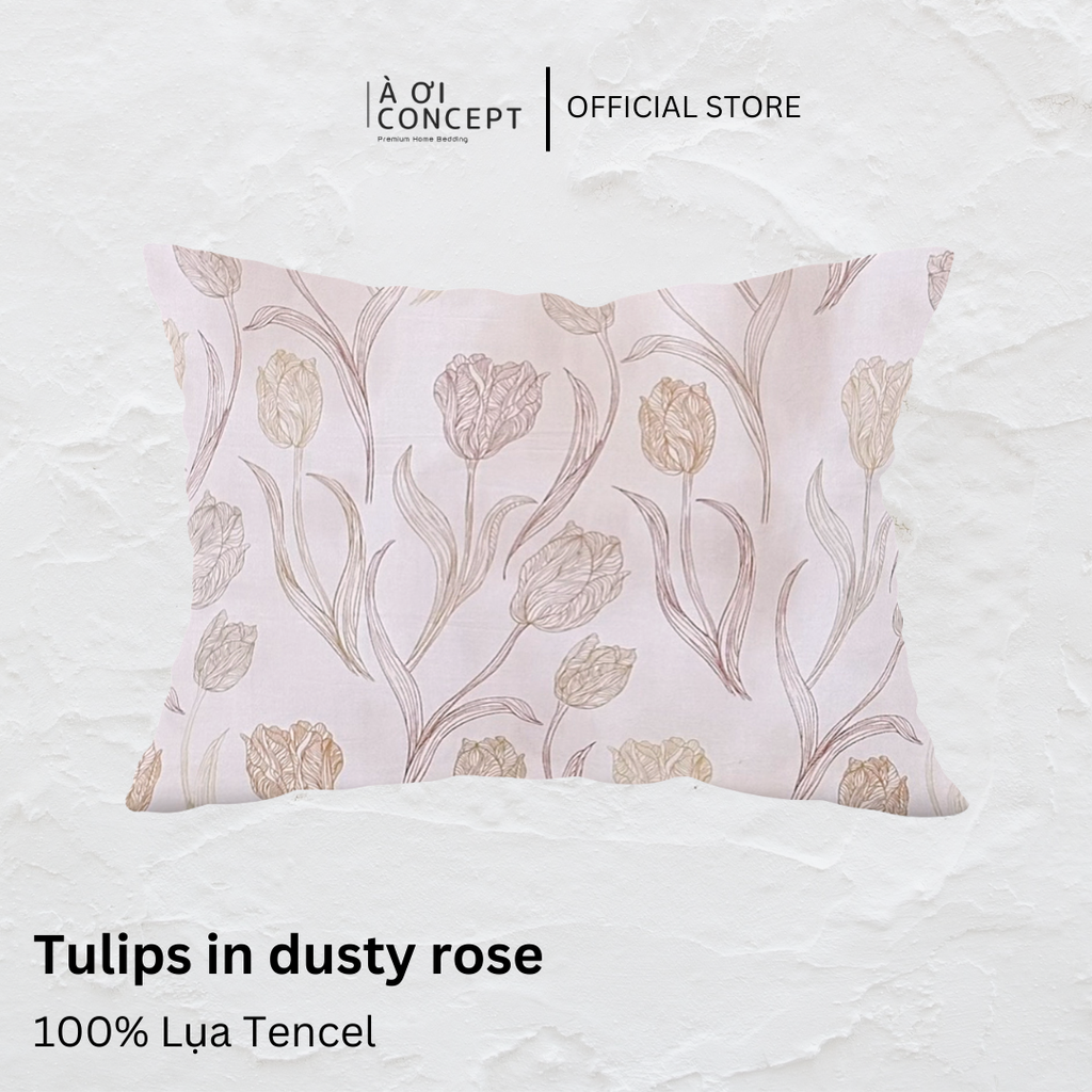 Vỏ gối nằm hoạ tiết trang trí | Lụa Tencel | 50cmx70cm | Túi lồng ruột | Tulips in dusty rose | Mềm mại | VGTC00042 | À Ơi Concept