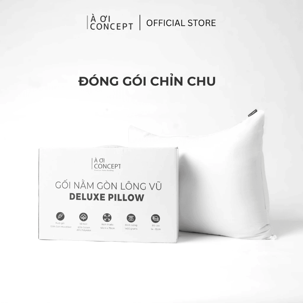 Ruột Gối Nằm Gòn Lông Vũ Deluxe| Nhân Tạo Mềm Mại| Độ Bền Cao, Chống Dị Ứng| 50 x 70 cm| Vỏ Gối Cotton, Poly| À Ơi Concept RGN0002