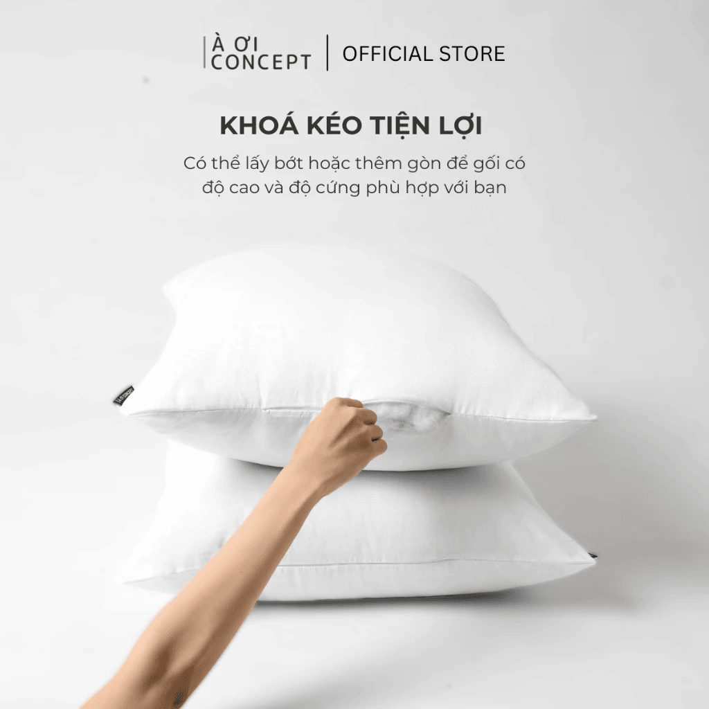 Ruột Gối Nằm Gòn Lông Vũ Premium| 50 x 70 cm| Vỏ Gối Cotton, Poly| Màu Trắng À Ơi Concept RGN0003