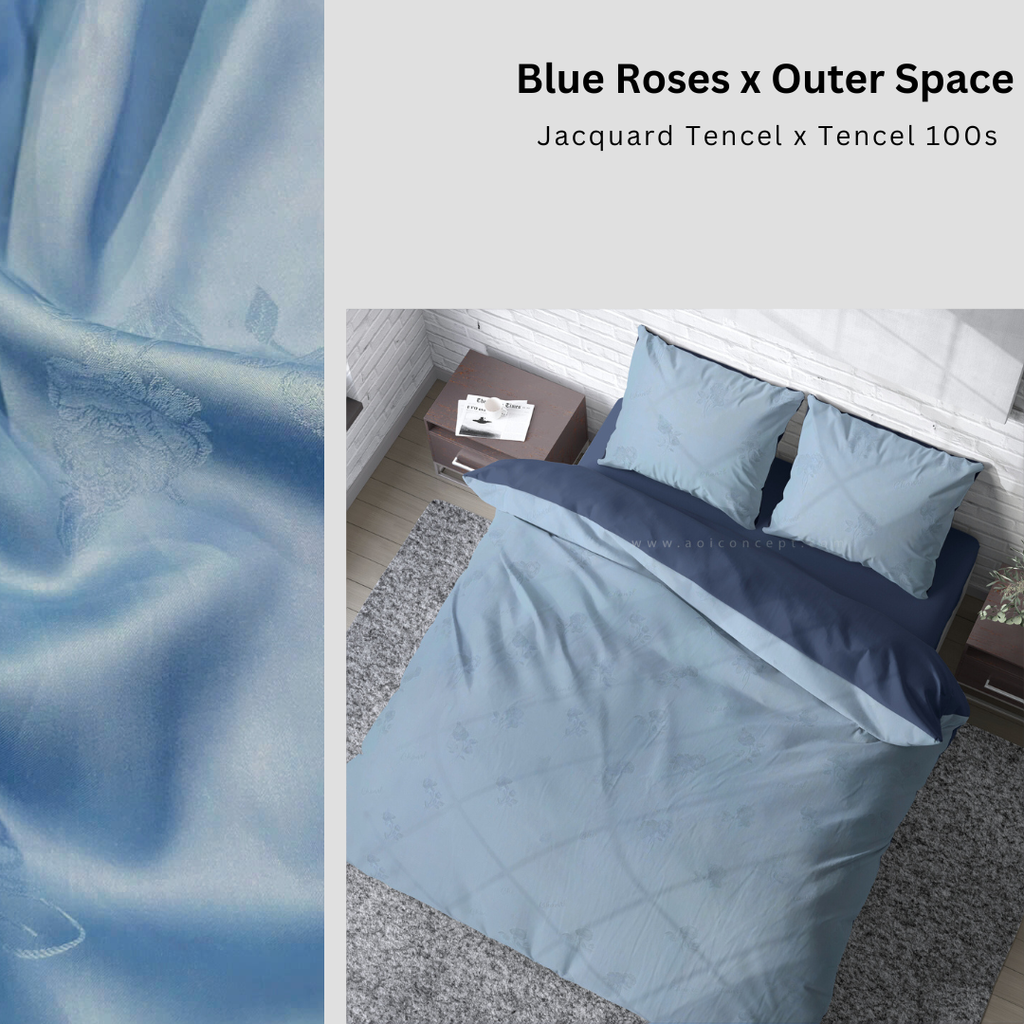 Bộ chăn ga gối | Tencel dệt kim | 5 món | 160x200cm, 180x200cm, 200x220cm | Blue Roses x Outer Space | Mềm mại, Kháng khuẩn, Thấm hút | CGDK0005 | À Ơi Concept