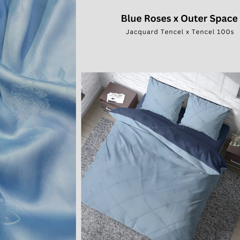  Bộ chăn ga gối | Tencel dệt kim | 5 món | 160x200cm, 180x200cm, 200x220cm | Blue Roses x Outer Space | Mềm mại, Kháng khuẩn, Thấm hút | CGDK0005 | À Ơi Concept 