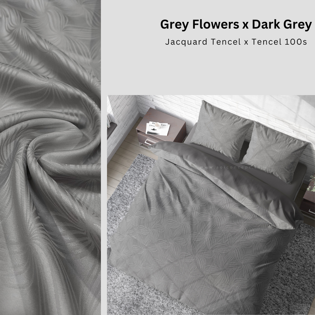 Bộ chăn ga gối | Tencel dệt kim | 5 món | 160x200cm, 180x200cm, 200x220cm | Grey Flowers x Dark Grey | Mềm mại, Kháng khuẩn, Thấm hút | CGDK0023 | CGDK0014