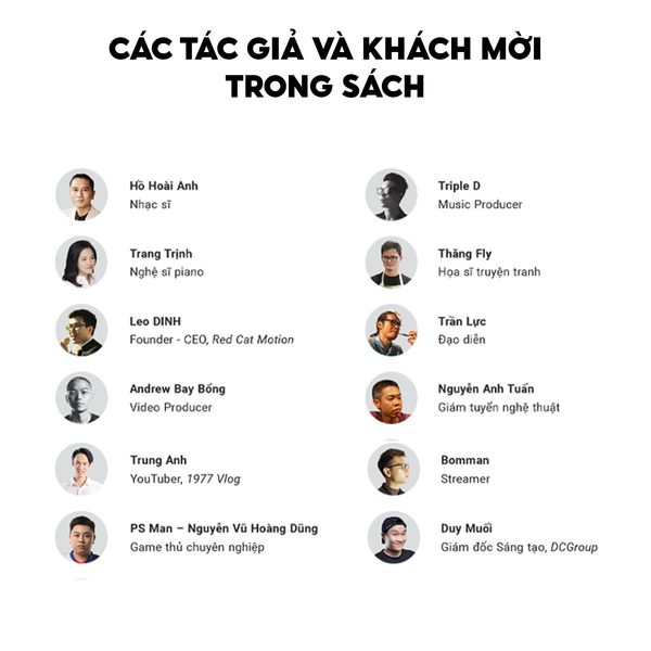 Các tác giả sách Người trong muôn nghề Ngành sáng tạo và nghệ thuật có gì: Nhạc sĩ Hồ Hoài Anh, Ca sĩ Orange, Rapper Táo, Nhà Văn Hiền Trang, Thầy Đạt Phi, Biên Kịch Nguyễn Thị Minh Châu, Nhà Báo Lê Hồng Lâm, Khoachim, Creative Director Trọng Nguyễn,  Leo DINH, Andrew Bay Bổng, Trung Anh 1977, Nghệ sĩ Piano Trang Trịnh, Producer Triple D, Đạo diễn Trần Lực, Streamer Bomman