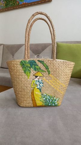 Túi Cói Đi Biển Vintage, Túi Xách Cỏ Bàng Vẽ Mỹ Nghệ Đẹp Lạ, Cao Cấp-TXBVMNDHLTK03-05