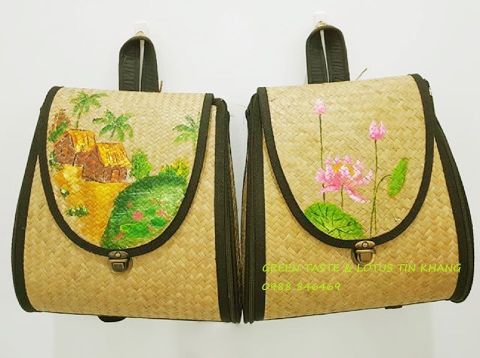 Ba Lô Mây Tre Hoa Sen, cảnh làng quê Handmade hàng xuất bền đẹp