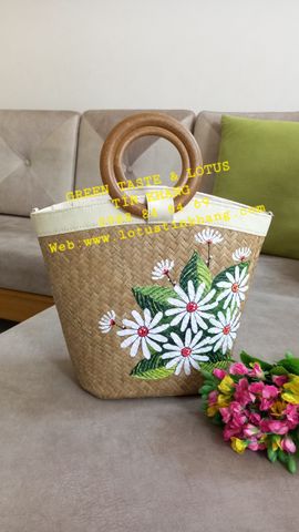 Túi Xách Cỏ Bàng Quai Gỗ Vẽ Hoa Cúc Mỹ Nghệ Đẹp Tinh Tế, Phối Quai Đeo Sang Trọng-TXCBQGVHQDTLTK03