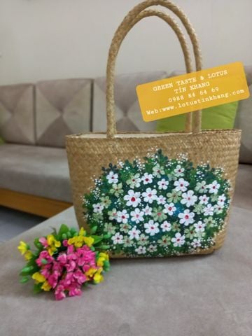 Túi Xách Cỏ Bàng Vẽ Hoa Xuân Đẹp-Giỏ Xách Đi Biển Handmade Thời Trang
