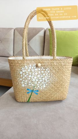 Túi Cói, Túi Xách Cỏ Bàng Vẽ Hoa Hồng Baby Xinh Xắn-Giỏ Cỏ Bàng TXCBVHHBBLTK06