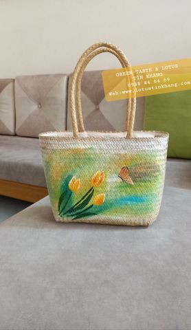 Túi Cói, Túi Xách Cỏ Bàng Vẽ Hoa Tulip Cao Cấp, Chuẩn Đẹp-TXCBVHTLTK01