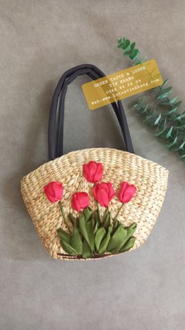 Túi Xách Lục Bình Thêu Hoa Tulip Sang Trọng-Giỏ Lục Bình Mỹ Nghệ TXLBTHTLLTK03