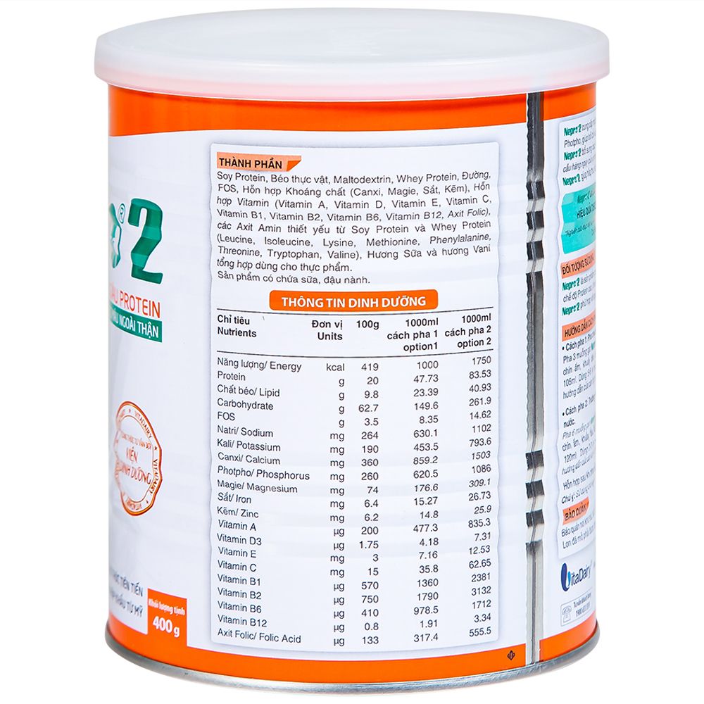  Sữa bột Nepro 2 VitaDairy bổ sung dinh dưỡng giàu protein dành cho người bệnh thận (400g) 
