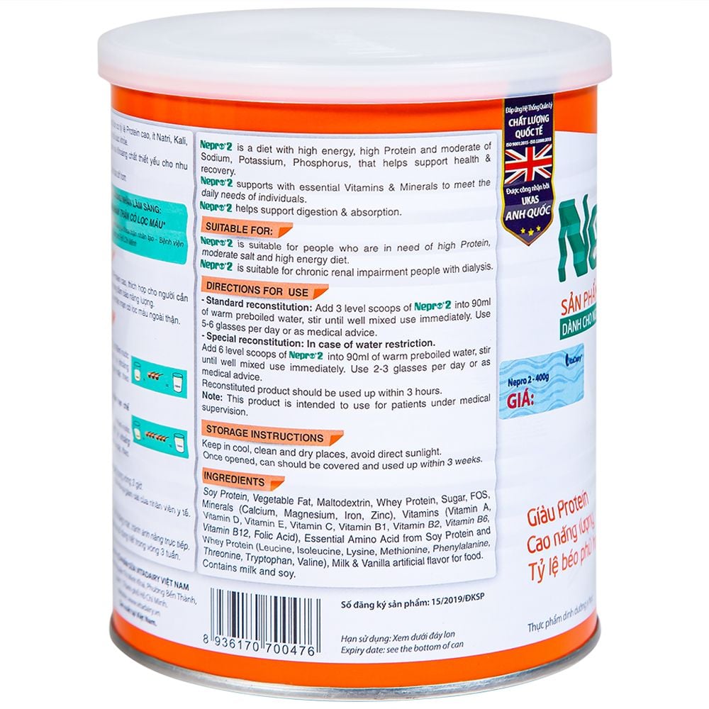  Sữa bột Nepro 2 VitaDairy bổ sung dinh dưỡng giàu protein dành cho người bệnh thận (400g) 