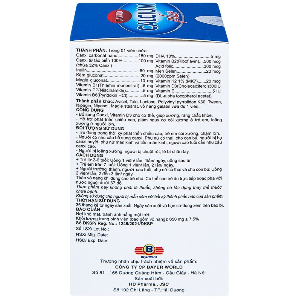  Viên uống Bawod Calcium Plus bổ sung canxi, vitamin D3 giúp răng, xương chắc khỏe (60 viên) 