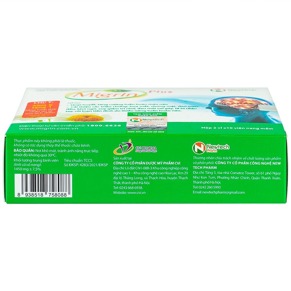  Viên uống Migrin Plus CVI Pharma hỗ trợ hoạt huyết, tăng cường tuần hoàn máu não (2 vỉ x 10 viên) 