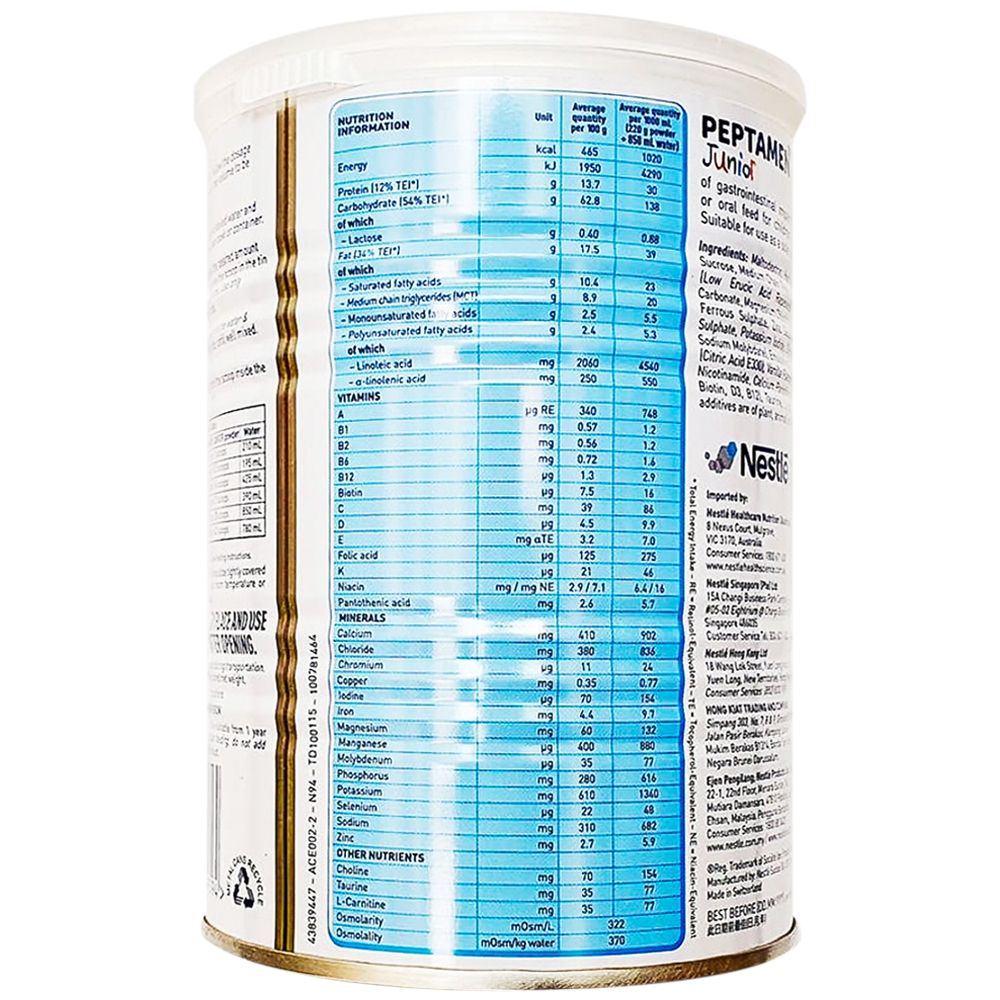  Sữa Peptamen Junior Nestlé bổ sung dinh dưỡng chuyên biệt cho bệnh nhi suy yếu trên 1 tuổi (400g) 