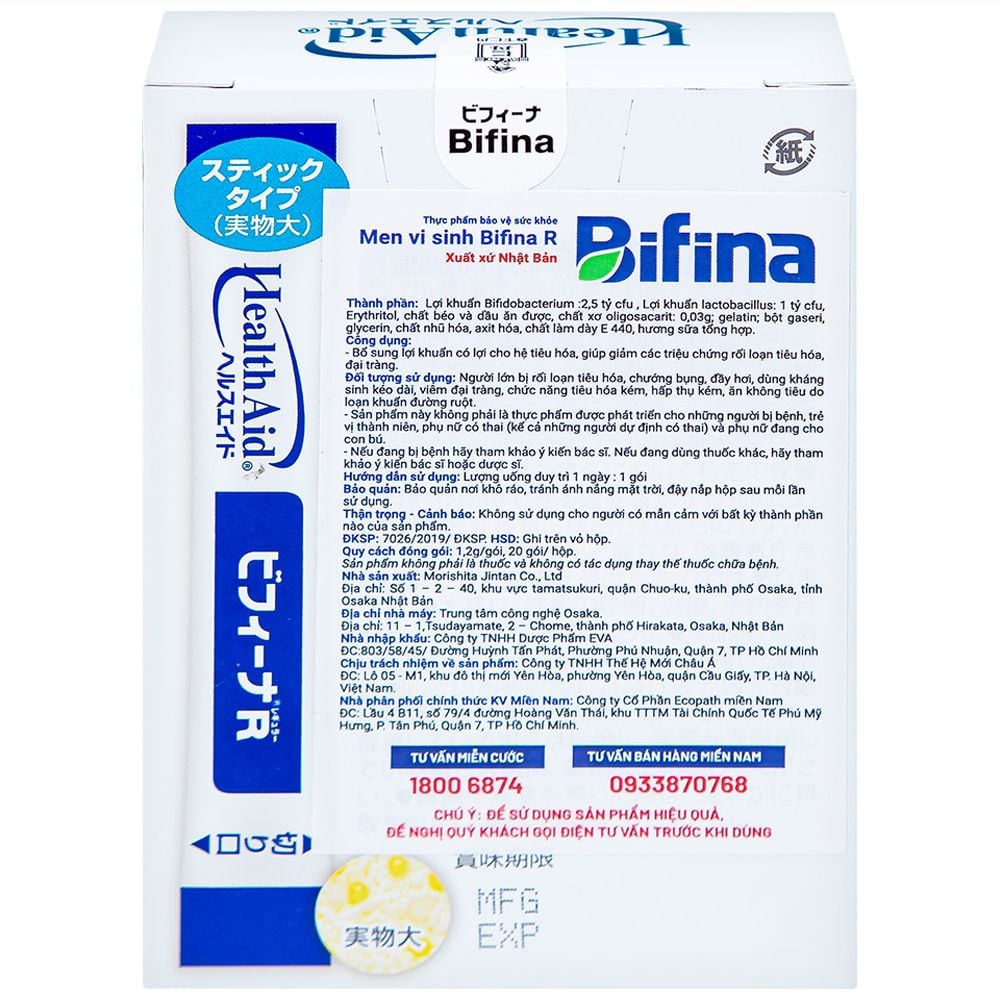 Men vi sinh Bifina R Health Aid bổ sung lợi khuẩn cho tiêu hóa, giảm rối loạn tiêu hóa, đại tràng (20 gói) 