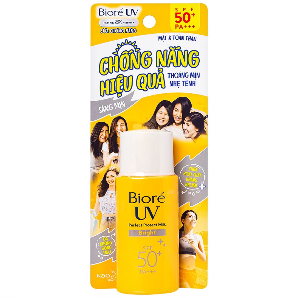  Sữa chống nắng mặt và toàn thân Bioré UV Perfect Protect Milk Bright SPF50+ PA+++ sáng mịn da (25ml) 