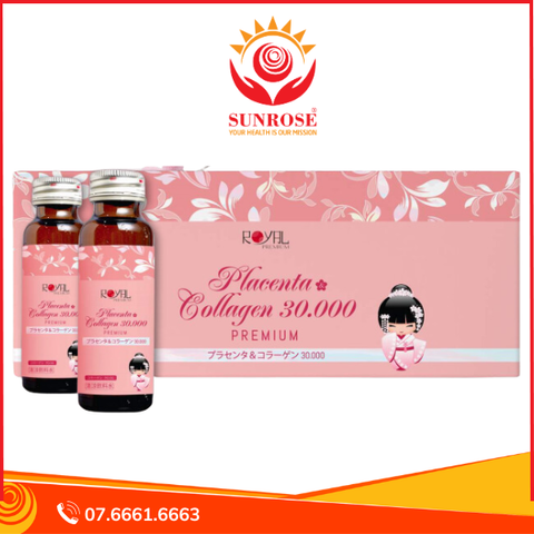  Placenta & Collagen 30000 Premium Nước uống Tpbvsk - Giúp nuôi dưỡng và phục hồi làn da, Hàng chuẩn Nhật Bản, Hộp 10 lọ 