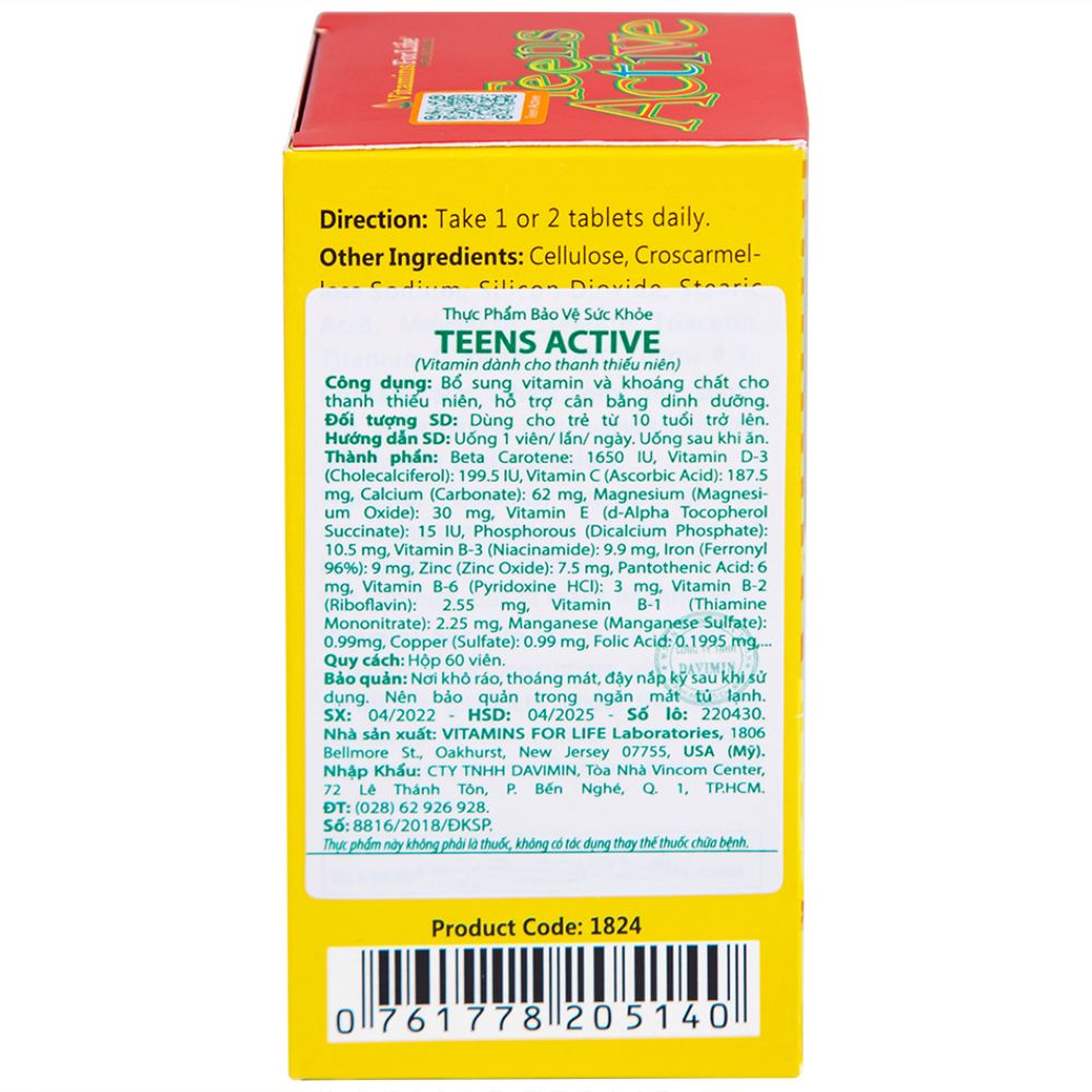  Viên uống Teens Active Vitamins For Life bổ sung vitamin và khoáng chất cho thanh thiếu niên (60 viên) 