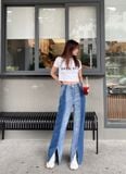  Quần Jeans Nữ Phối 2 Màu Xẻ Gấu 8023 