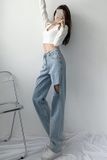  Quần Jeans Nữ Lưng Cao Cạp Chéo Rách Đùi Sành Điệu 8028 