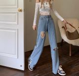  Quần Jeans Nữ Xẻ Gấu Rách Đùi Phối Ngọc Trai Đơn Điệu 8026 