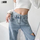  Quần Jeans Nữ Lưng Cao Cạp Chéo Rách Đùi Sành Điệu 8028 