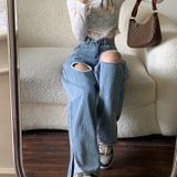  Quần Jeans Nữ Xẻ Gấu Rách Đùi Phối Ngọc Trai Đơn Điệu 8026 