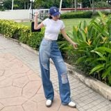  Quần Jeans Nữ Ống Rộng 8018 Rách Gối Thời Trang Cá Tính 