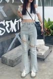  Quần Jeans Nữ Ống Loe Xẻ Gấu Đan Dây Đùi Cách Điệu 8012 