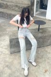  Quần Jeans Nữ Ống Loe Xẻ Gấu Đan Dây Đùi Cách Điệu 8012 