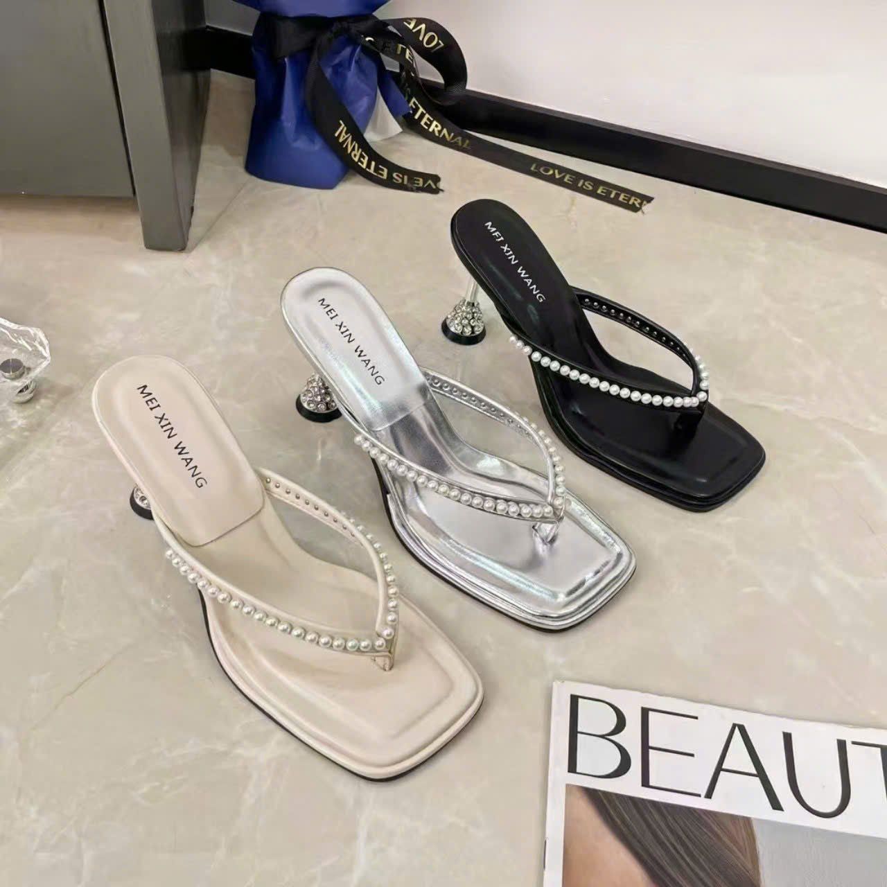  Dép Cao Gót 6 Phân Xỏ Ngón  Đính Ngọc Trai sang Trọng 2911 