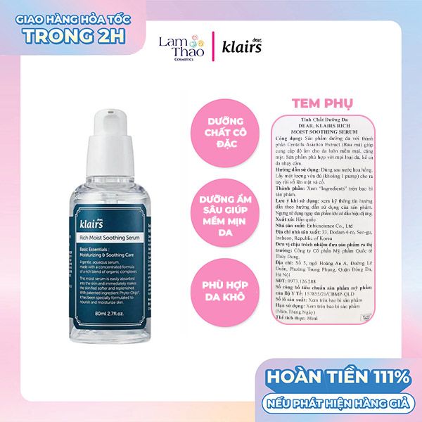 Tinh Chất Dưỡng Da Klairs Rich Moist Soothing Serum 80ml