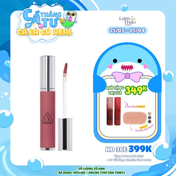 [HĐ 3CE 399k tặng 01 Túi lông Dumble + 01 Son 3CE Mini]  Son Kem Siêu Lì Mịn Môi 3CE Hazy Lip Clay