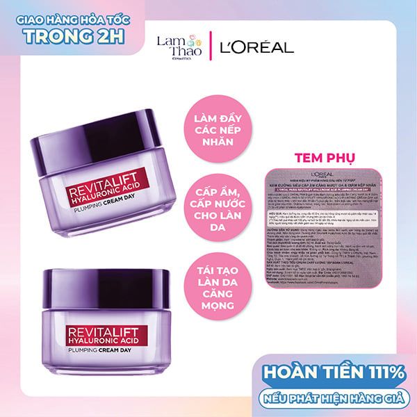 [HĐ Loreal 199K tặng Túi Chăn Bông Vuông Đeo Chéo Maybelline] Kem Dưỡng Ẩm Giúp Da Căng Mướt Loreal Revitalift Hyaluronic Acid Plumping Cream Day