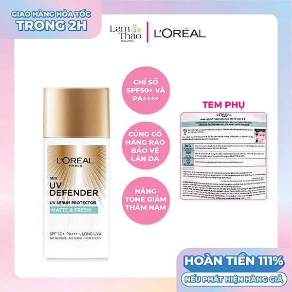 [HĐ Loreal 199K tặng Túi Chăn Bông Vuông Đeo Chéo Maybelline] Kem Chống Nắng Kiềm Dầu Loreal UV Defender Matte & Fresh SPF 50+ PA++++